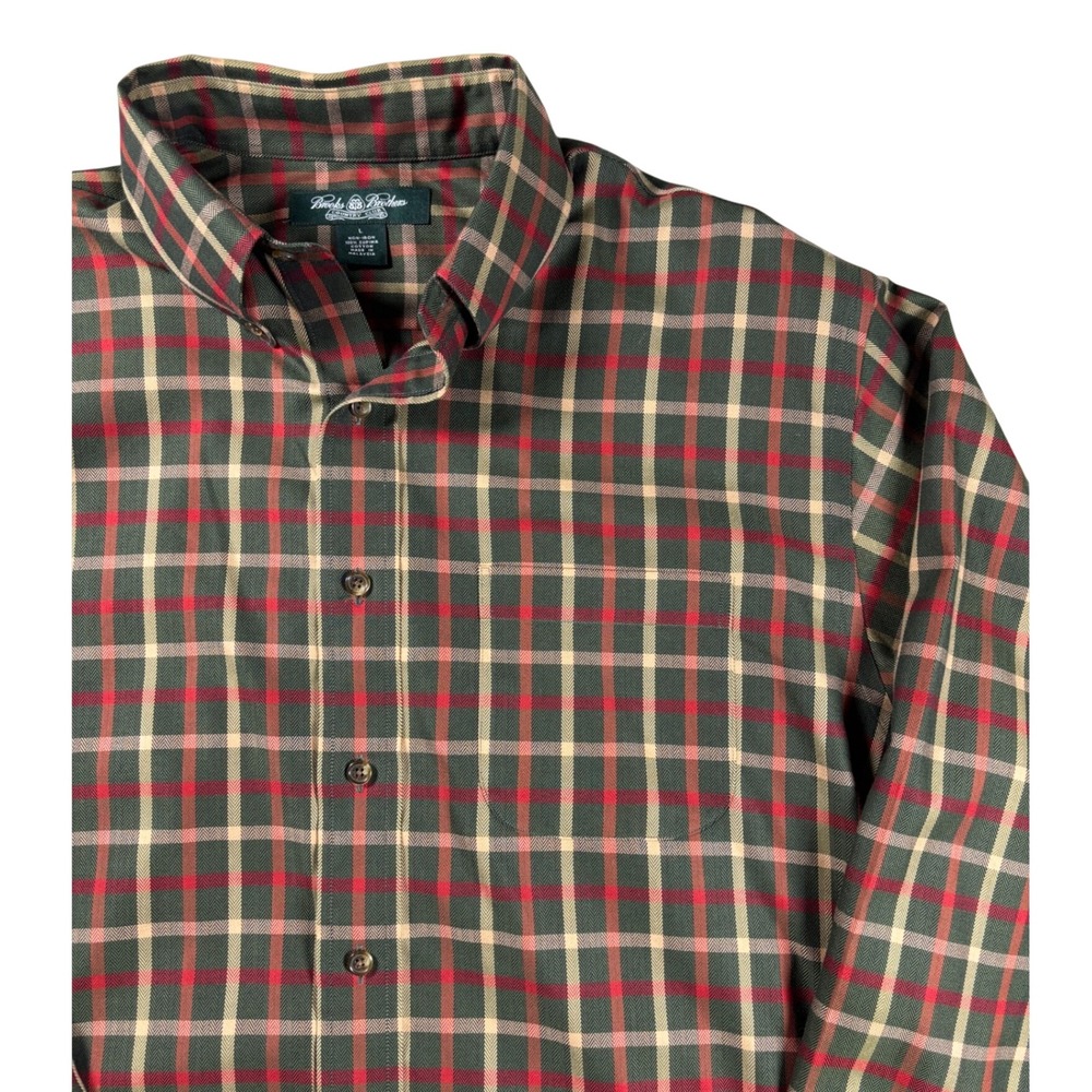 Brooks Brothers Country Club Shirt Mens Large Green Plaid Supima Cotton Non-Iron